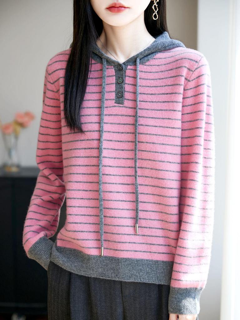 Women's Casual Wool Striped Hoodie - Three-Button, Color-Block, Loose Fit for Spring/Autumn