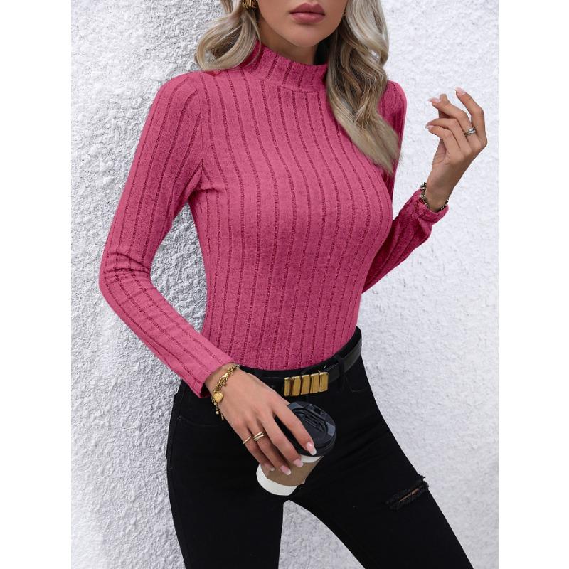 Solid Color Faux Neck Ribbed T-Shirt, Elegant Long Sleeve Slim Fit Hundred Tops for Women