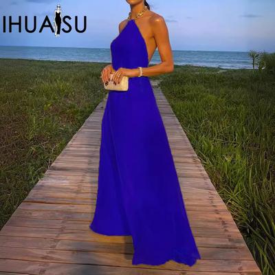 Yaz Seksi Düz Renk Boyundan Bağlamalı, Sırtı Açık ve Yere Kadar Elbise