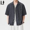 :CHOCOOLATEit Men's American Retro Jacquard Cuban Collar Short Sleeve Shirt