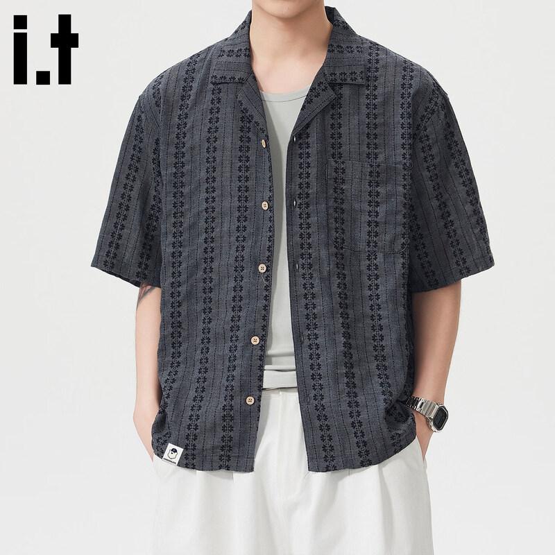 :CHOCOOLATEit Men's American Retro Jacquard Cuban Collar Short Sleeve Shirt