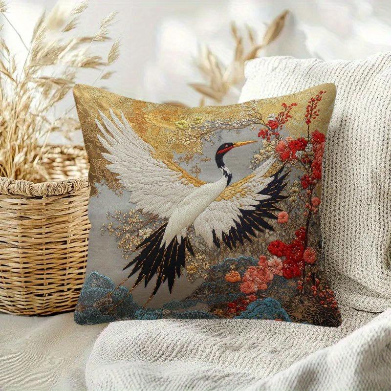 Faux Embroidery Red-Crowned Crane Print Throw Pillow Cover, Oriental Floral Art Decorative Cushion