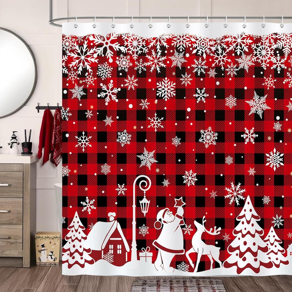 Cortina de ducha de copos de nieve navideños, Cuadros Rojo y Negro Pueblo de Navidad Papá Noel Decoración de baño de invierno Tejido de poliéster Impermeable