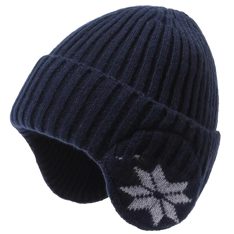 Unisex Winter Knit Hat with Detachable Ear Flaps Windproof Warm Snowflake Pattern Beanie