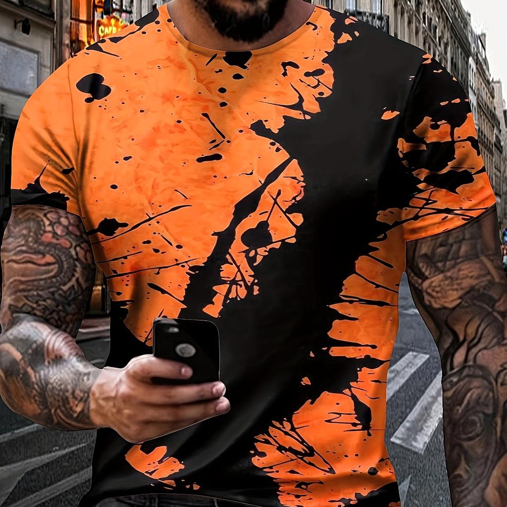 Color Block Splash Ink 3D-Druck Trendy Sports Kurzarm-T-Shirt mit Rundhalsausschnitt für Herren, Sommer, Outdoor