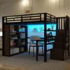 Loft Bed, 140 X 200 Cm, Iron Frame, with Desk, Storage Compartment, LED Light Strip, Staircase Constructions with Storage, Without Mattress, Black
