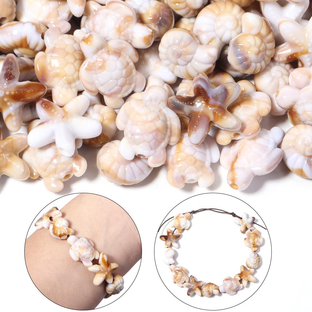 50pcs/lot Ocean Animal Acrylic Beads Turtle Starfish Conch Beads Beige Loose Beads For Jewelry Making DIY Bracelet Accessories