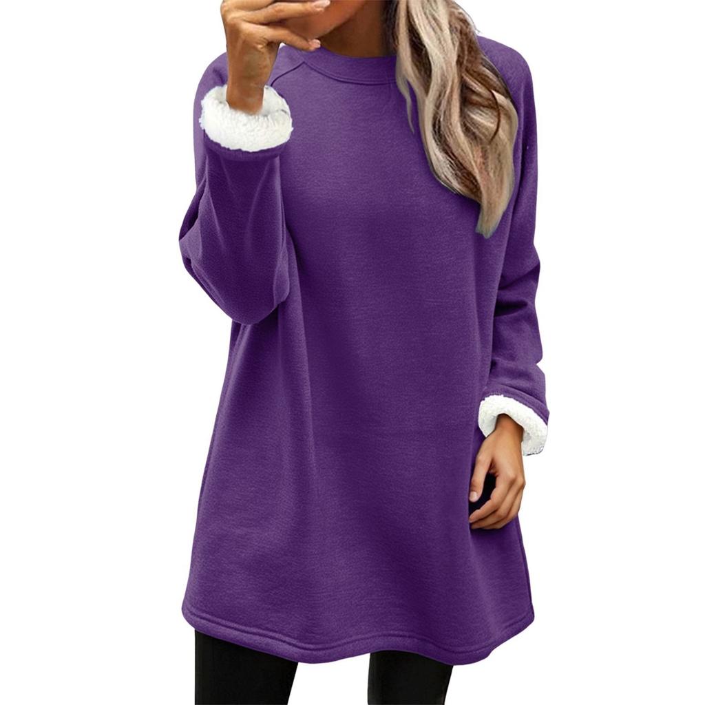 Women's Fashion Casual Home Plush Solid Color Round Neck Sweatshirt