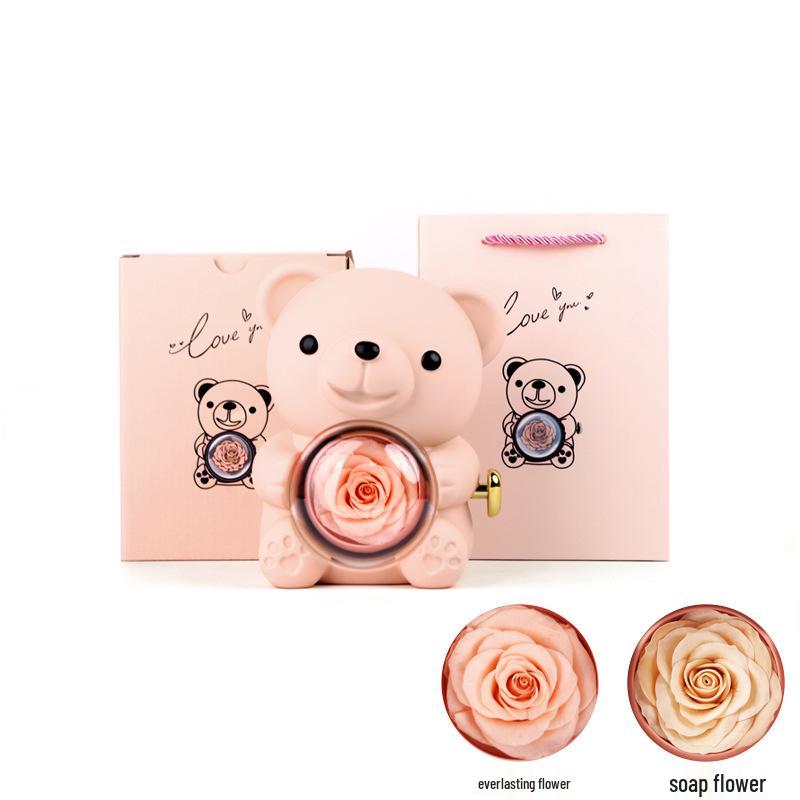 High-Quality Rotating Bear Jewelry Box with Everlasting Flowers - Perfect Valentine's Day Gift