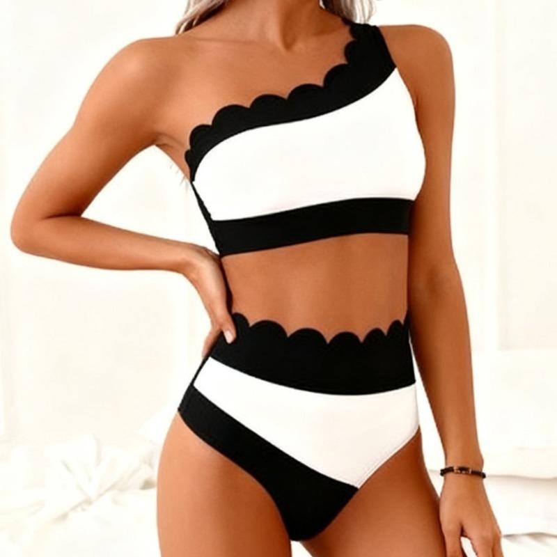 Europees en Amerikaans Nieuw Schuin Schouder Split Zwempak Kleurcombinatie Tankini Sport Strand Zwempak Dames
