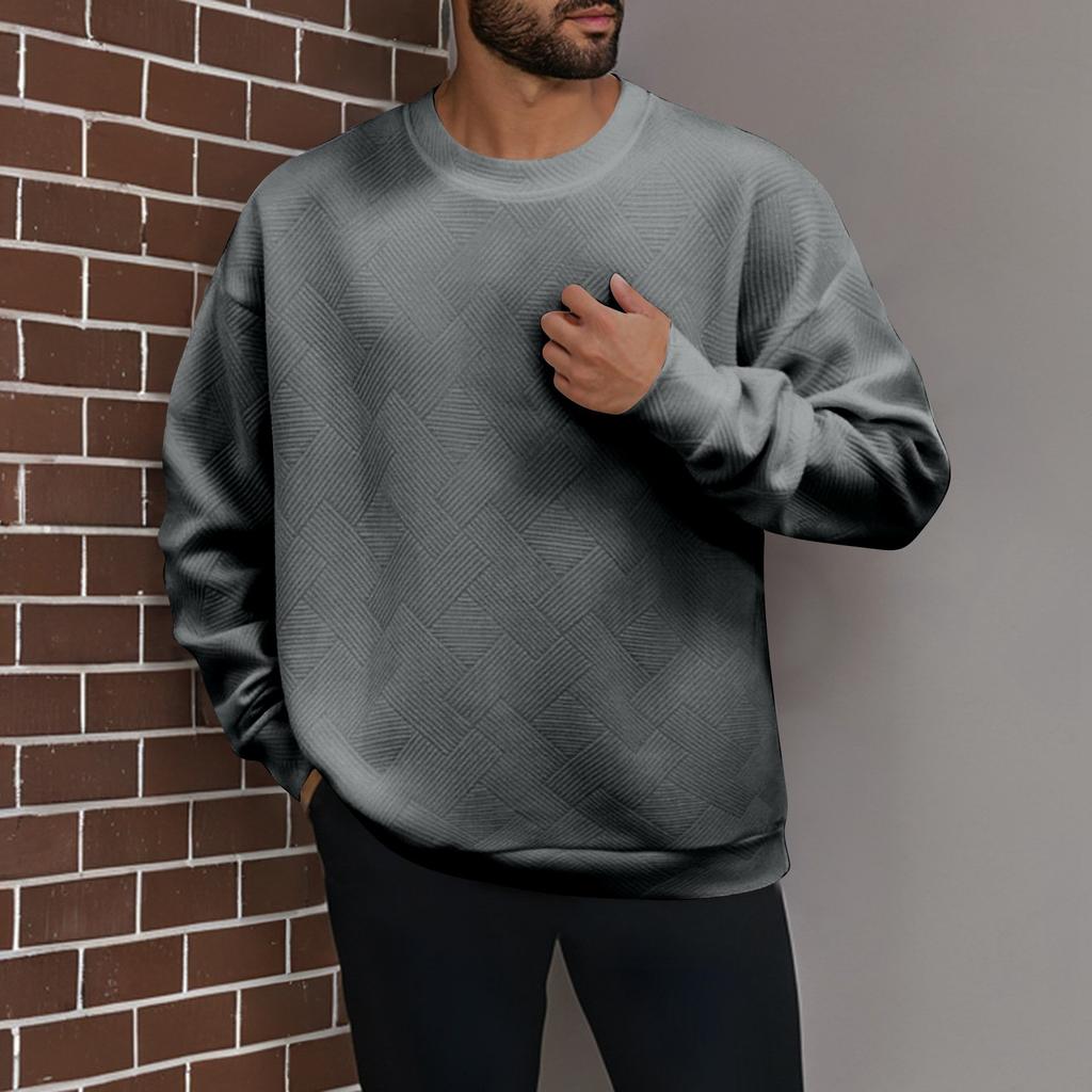 Men's Winter Solid Color Striped Casual Tops Long Sleeve Round Neck Sweatshirt