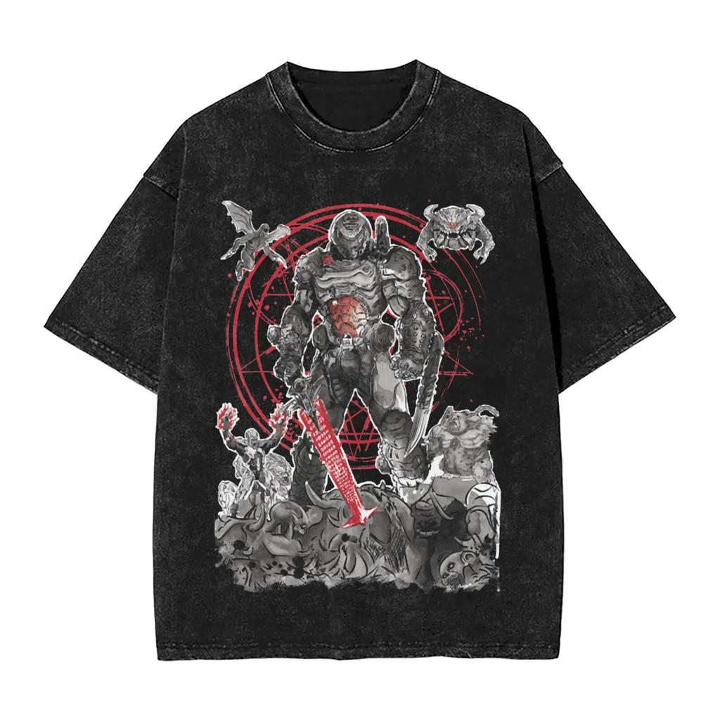 Ciemna Koszulka Oversize z Efektem Sprania Streetwear Yk Doomguy Dooms Eternal Slayer Cacodemon Koszulki Mężczyźni Kobiety Bawełna Graficzny Nadruk