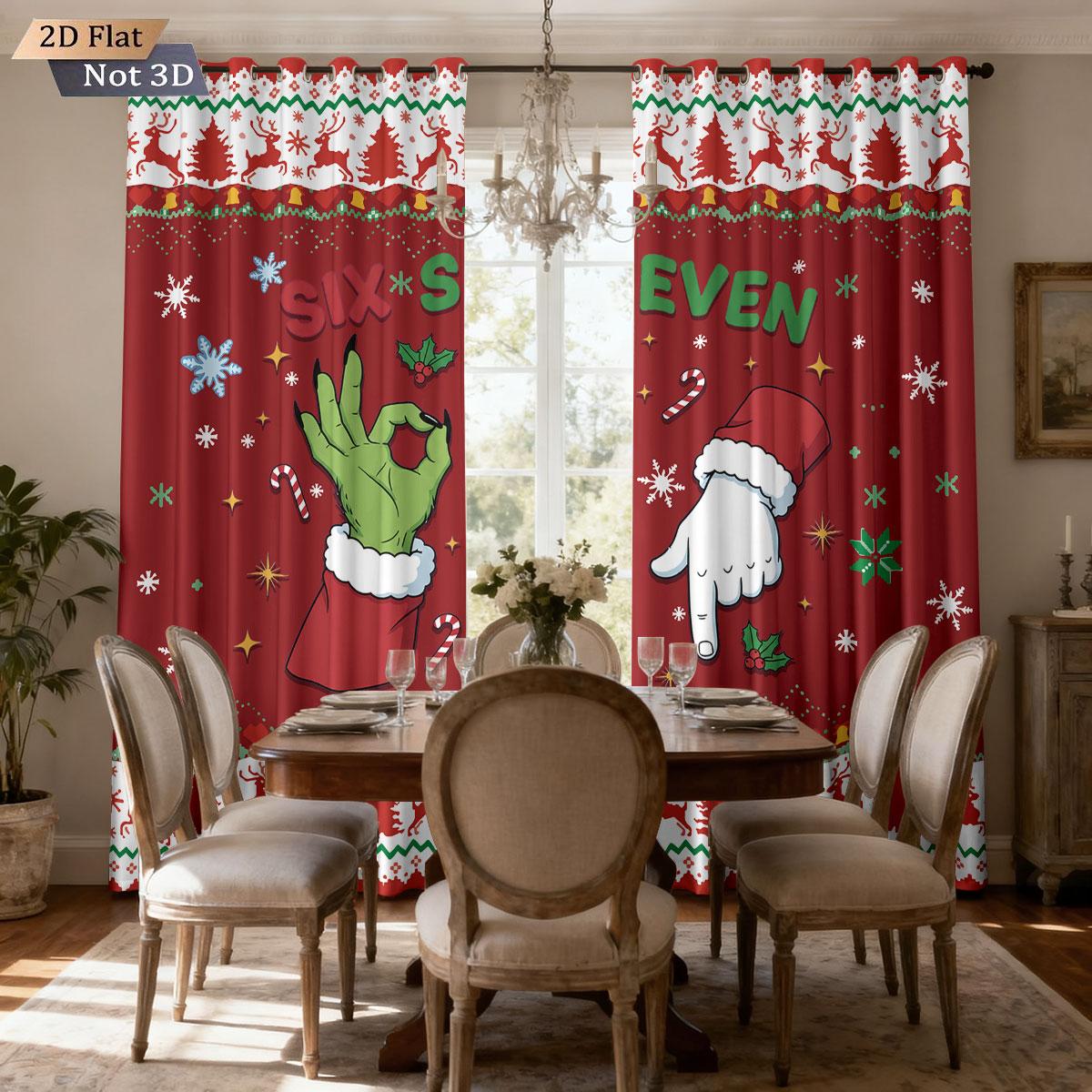 

Set Of 2 Merry Christmas Element Printed Perforated Curtains Various Sizes Living Room Bedroom Insulation Decoration Curtain With Light Blocking W100*H70(CM)-Hooks&1PCS