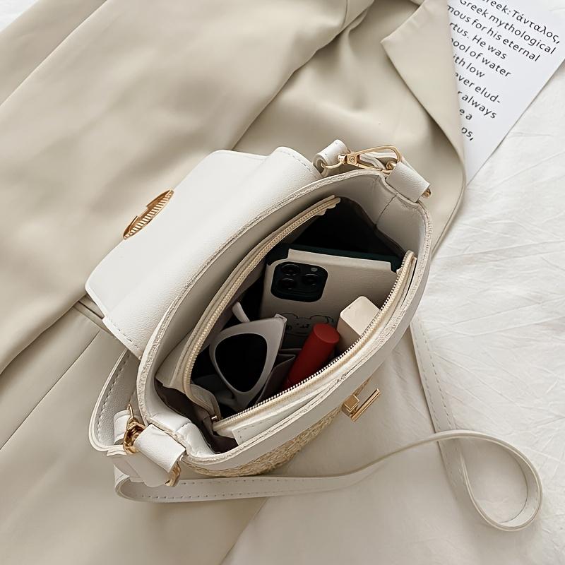 Women's Lightweight Straw-Textured Handbag with Golden-Tone Ring Lock Closure - Adjustable Strap, Spacious Interior Pocket, Spring Summer Beach Tote
