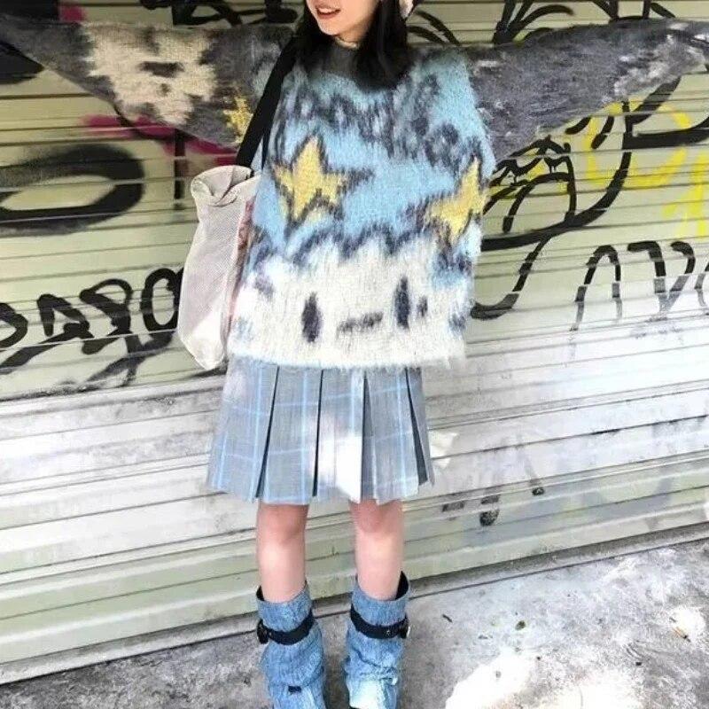 

Жаккардовый свитер с граффити, женский свитер с круглым вырезом и длинным рукавом, японский корейский пуловер, джемперы больших размеров Harajuku Pull Femme y2k Sueter Mujer