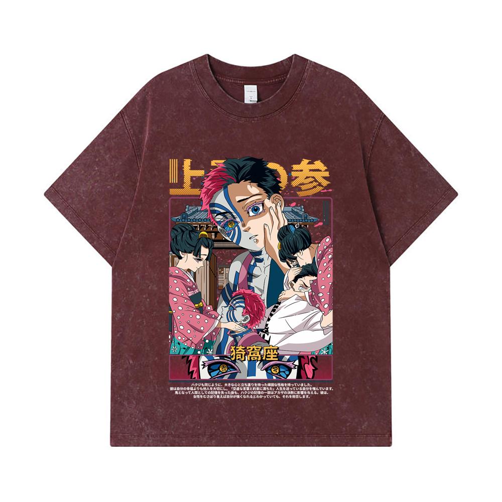275 GSM Gewaschene T-Shirts 100% Baumwolle Demon Slayer V25 Akaza Aufdruck Unisex Schweres Baumwoll-T-Shirt