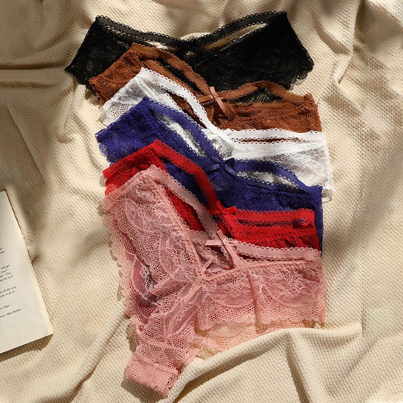 European and American Sexy Briefs, Female Lace Perspective Temptation Sports Breathable Pure Cotton Crotch Low-rise Briefs