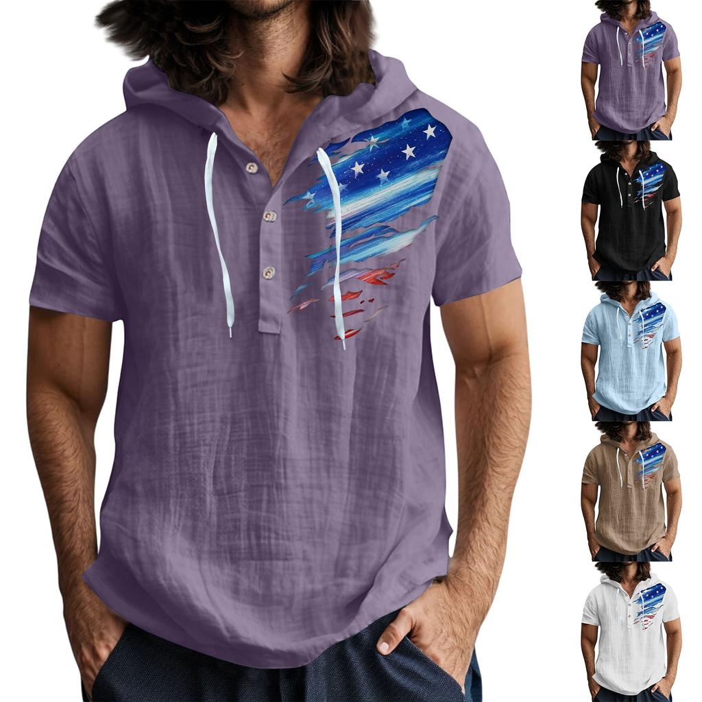 Men'S Casual Short Sleeved Hooded Top Buttoned Open Neck T-Shirt