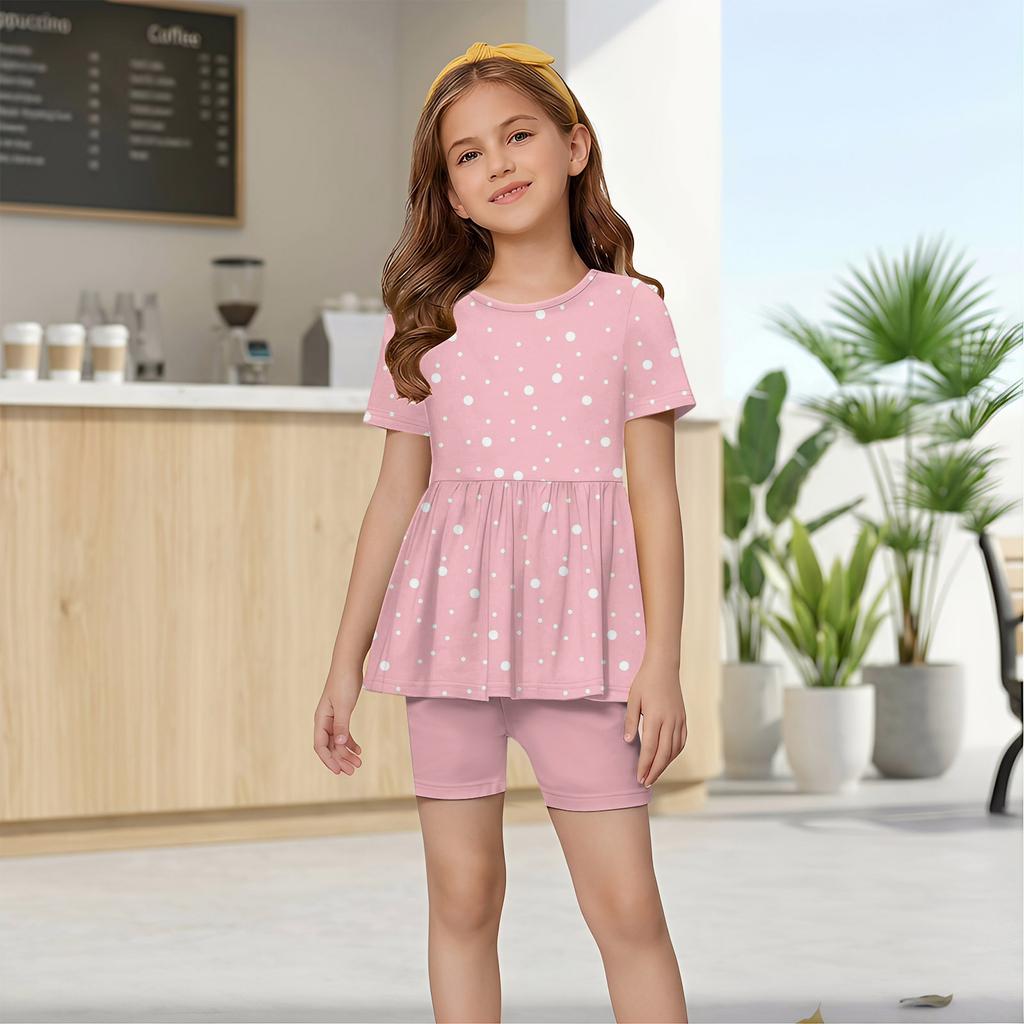 Completo Estivo per Bambina Set Top a Maniche Corte con Volant e Stampa Pois e Pantaloncini Due Pezzi Abbigliamento Casual per Bambini