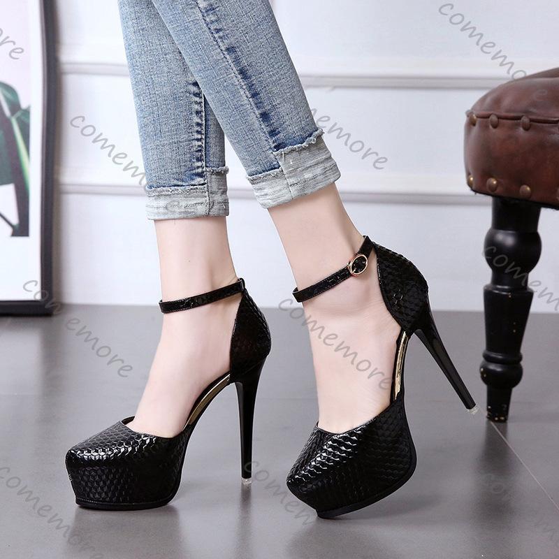 Fashion Comemore New Pointed Black Sexy Pumps Platform Ankle Buckle Thin High Heel Dress Shoes 12cm Stiletto Elegant Heeled Shoes Woman