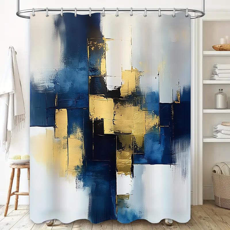 Abstract Art Shower Curtain For Bathroom Decor - Modern And Elegant Blue And Gold Design - Waterproof And Durable  Easy-Clean