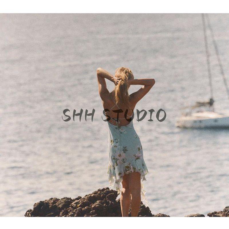 Spring and Summer New Women's Clothing French Style Vacation Style Print Silk Net Draped Collar Sling Short Dress 5039122