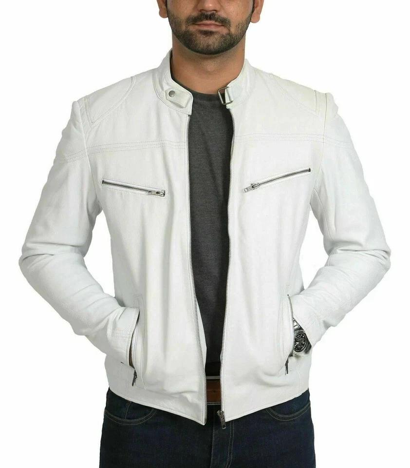 

Белая мужская куртка из натуральной кожи ручной работы, из овчины, байкерская, стильная, повседневная 3XL белый