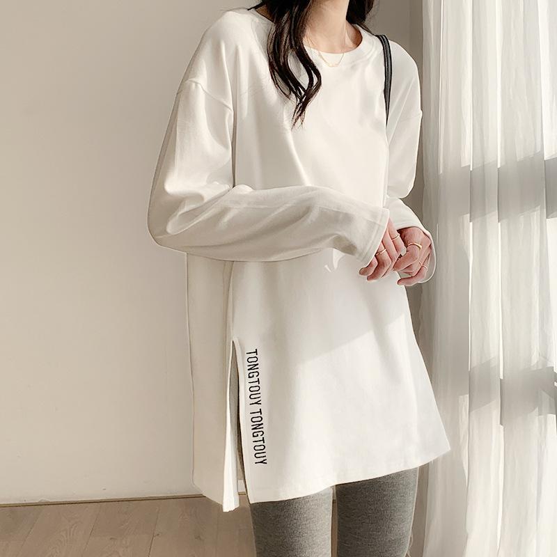 Deutsches Samt-Herbst- und Winter-Unterhemd für Damen, reine Baumwolle, mittellang, Seitenschlitz, weißes T-Shirt, langärmlig, locker, inneres Oberteil