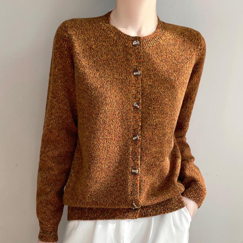 Spring 2025 Retro Velvet Round Neck Knit Cardigan - Space-Dyed Loose Fit for Women