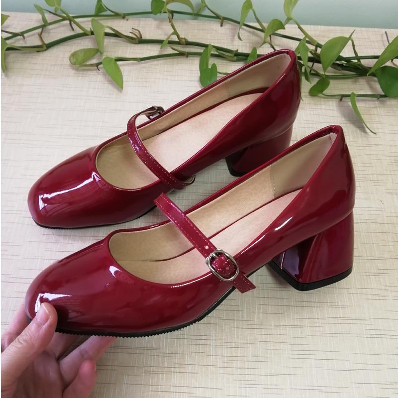 FOREADA High Heels Shoes Women Mary Janes Shoes Patent Leather Med Heel Pumps Buckle Square Toe Ladies Shoes Red Plus Size 33-43