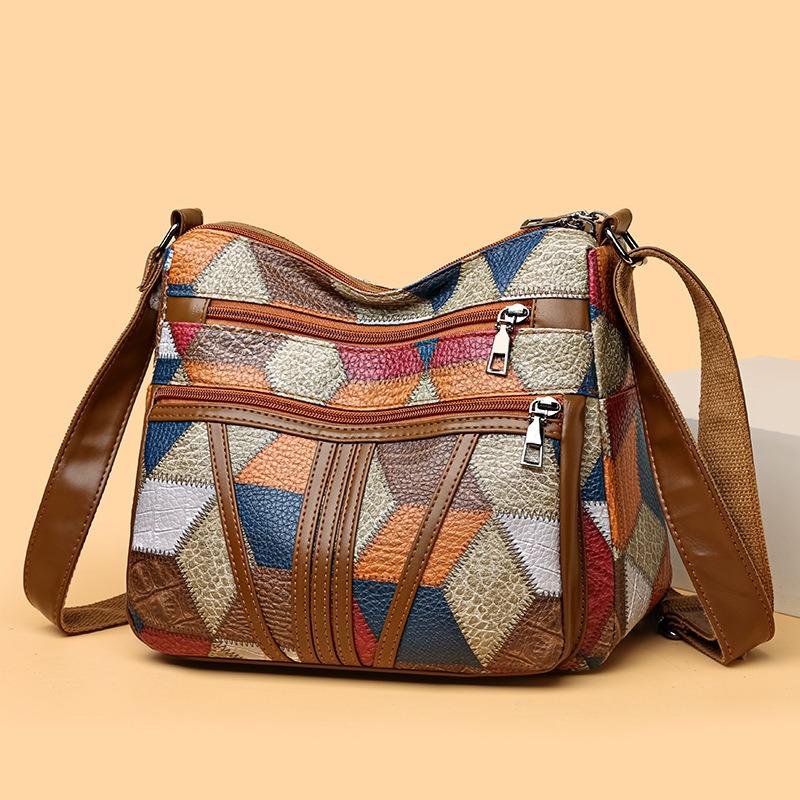 New Chinese mother messenger bag splicing contrasting colors fashionable retro multi-compartment large-capacity commuter shoulder bag