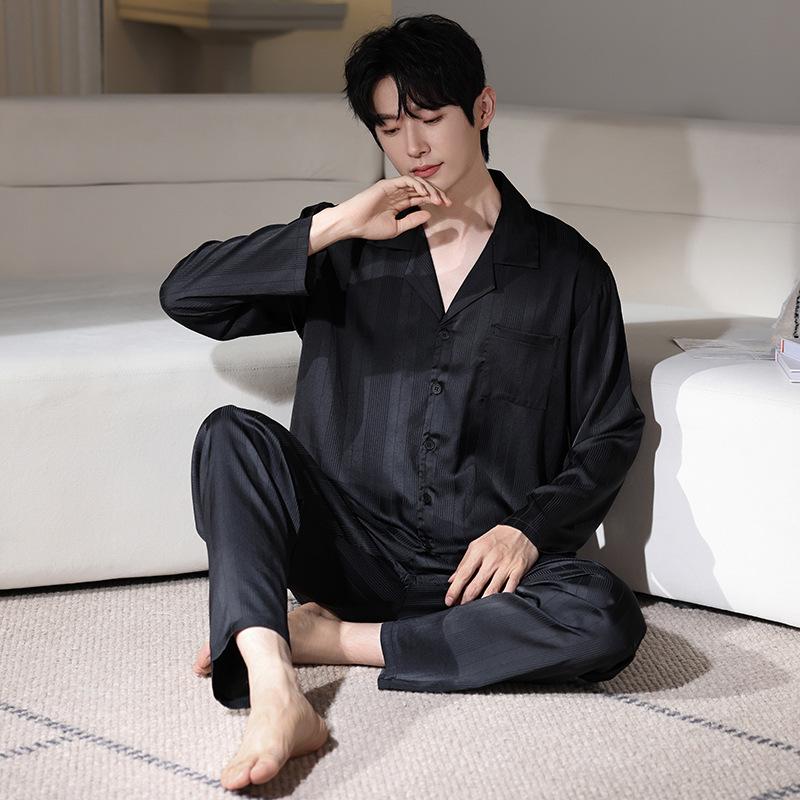 Ice Silk Pajamas Men'S Spring And Autumn Silk Summer Loungewear Long-Sleeved Men'S Striped Autumn Four-Season Large-Size Suit