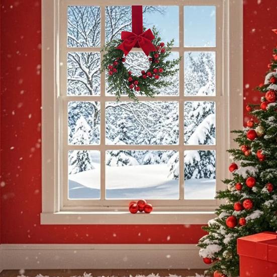 Artificial Christmas Wreath for Front Door 10 Inch Winter Greenery Wreath with Red Berries And Velvet Bow for Farmhouse Porch Wall Fireplace Decor