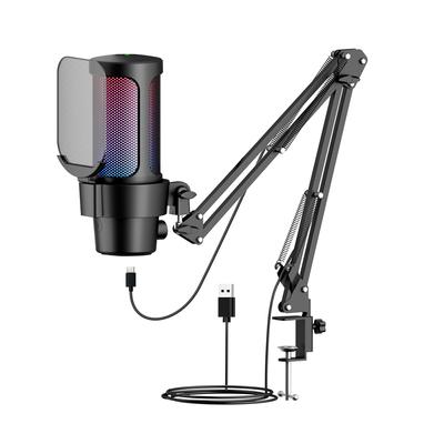 USB Gaming Microphone Computer Mic Kit RGB Lighting Cardioid Mode Pick Up Quick Mute and Gain Knob with Boom Rack for