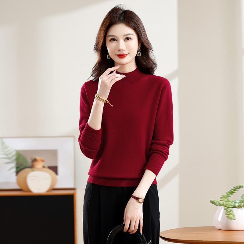 Women's Pure Wool Half-High Collar Sweater - Autumn/Winter Solid Color Loose Warm Pullover Base Layer
