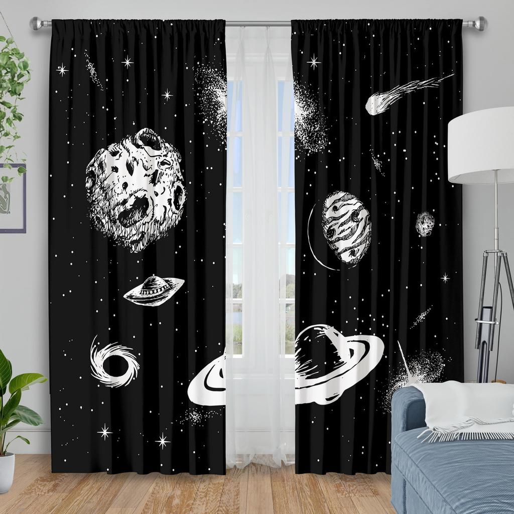 2pc Cosmic black and white planet star pattern curtains   polyester fabric machine washable   suitable for bedroom and living room
