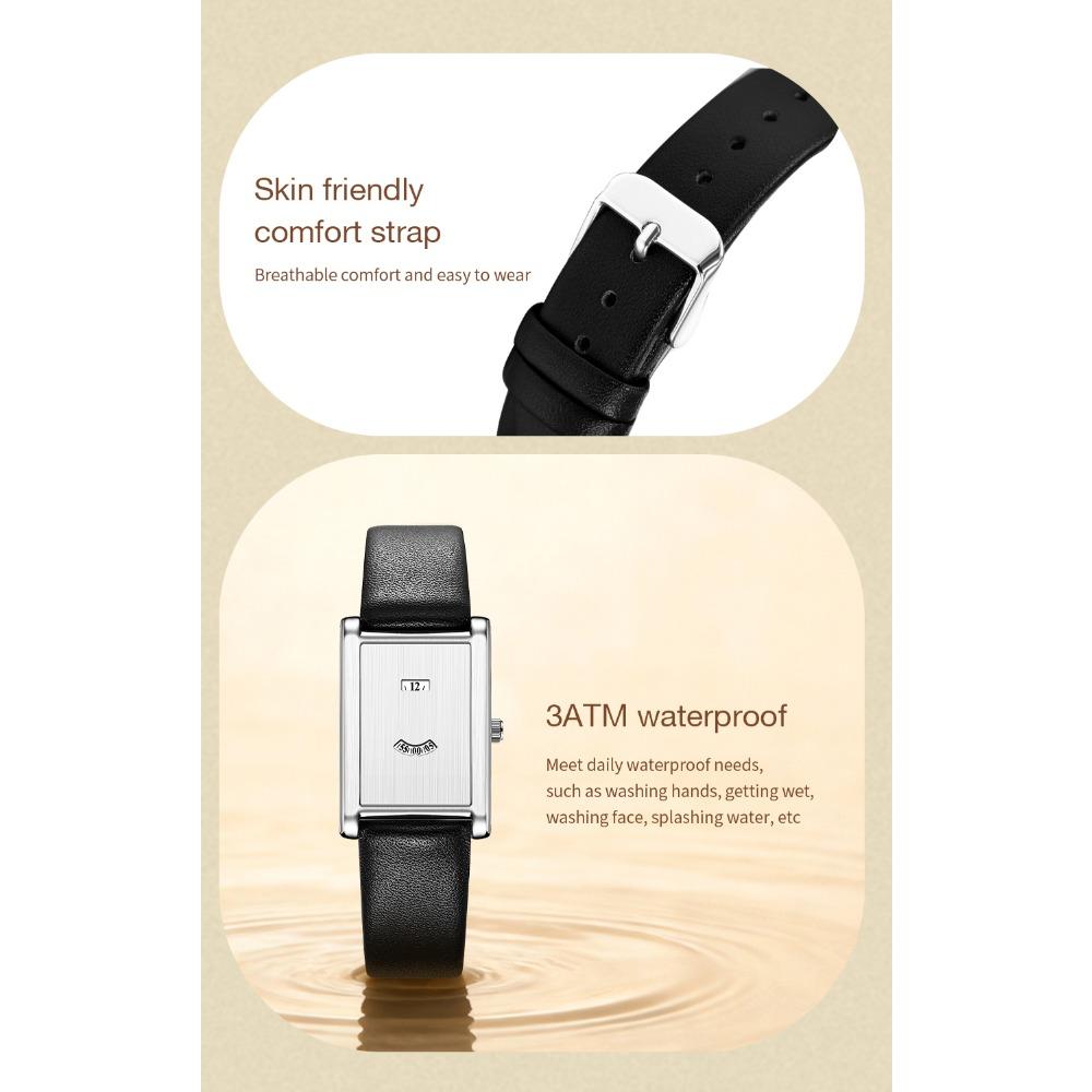 Women Rectangle Quartz Wristwatch Leather Strap Date & Minute Display Dress Daily Watch