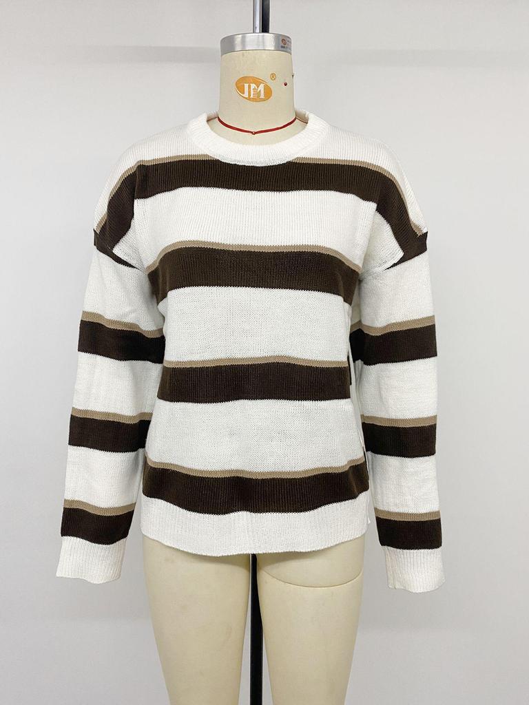 TEMU Europe 2026: American Retro Striped Knit Sweater - Loose Fit, Drop Shoulder, Long Sleeve, Round Neck.