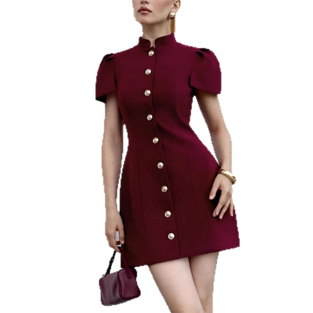 Independent Solid Color Short-Sleeve Button-Up Dress