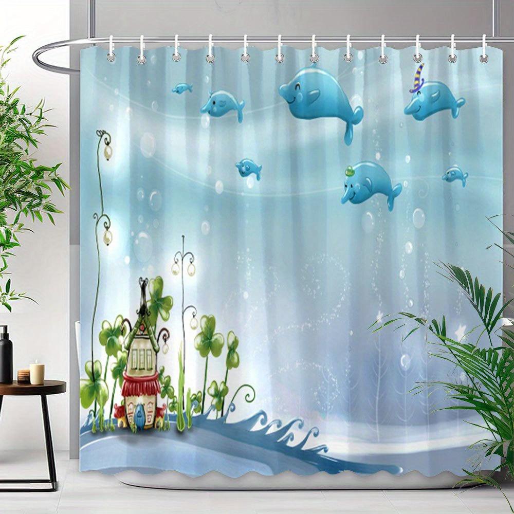 

Whimsical Cottage Shower Curtain - Lush Greenery & Ocean Fantasy Design, Blue & Green Illustration, Polyester With Hooks W60H190(CM)-1 Pcs