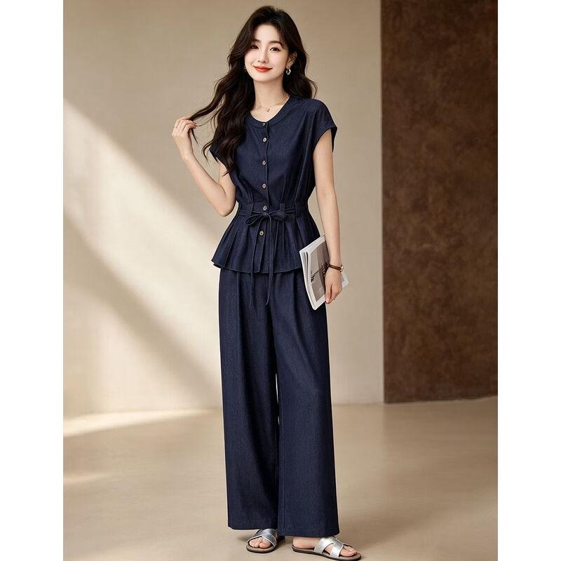 D.F.DEAR Women's Round Neck Two-Piece Set with Wide Leg Pants