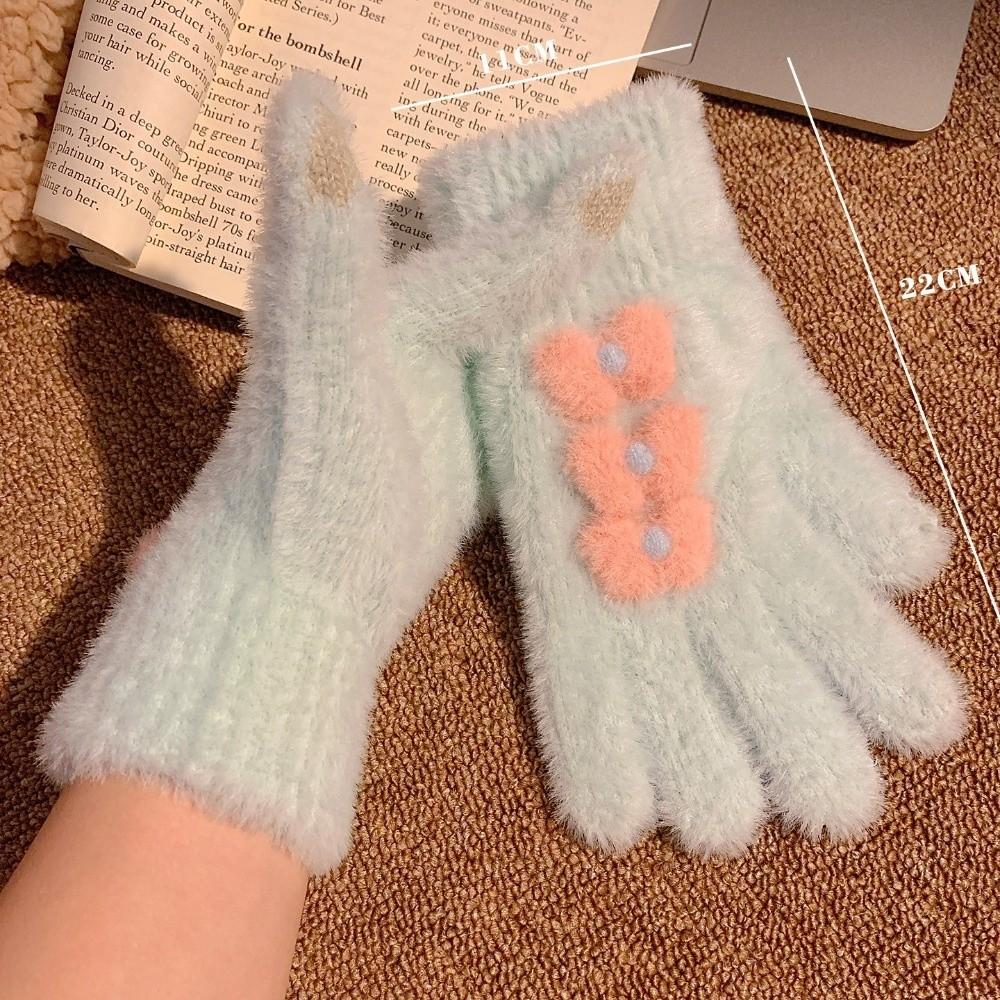Fuzzy Bow Decorated Knitted Full Finger Gloves Polyester Warm Plush Gloves Cycling Use