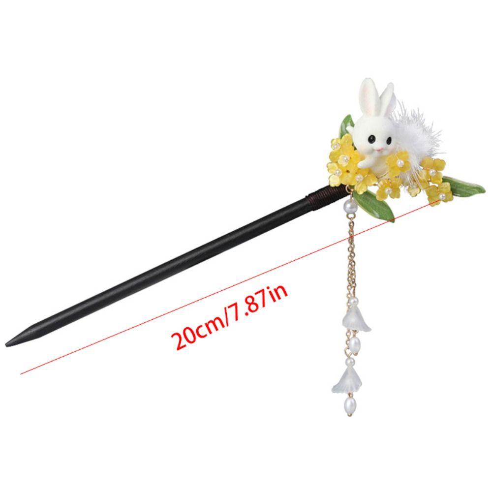 Flower Wooden Hair Stick Rabbit Hanfu Hairpin Antique   For Girl