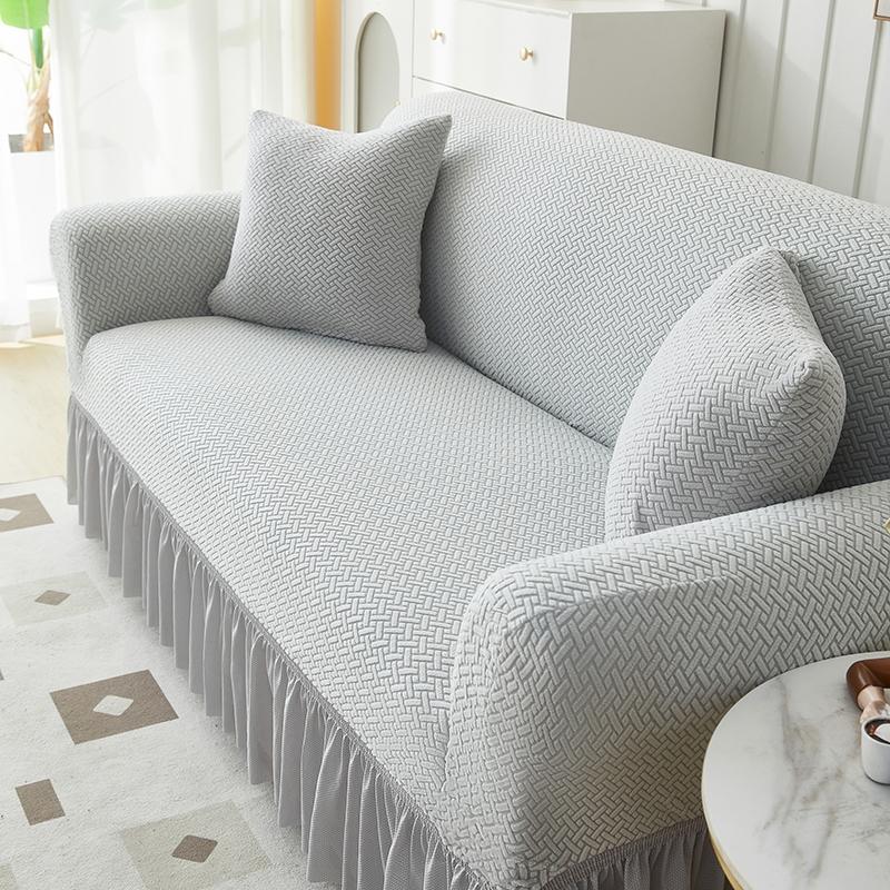 Solid Color Thick Sofa Cover for Living Room Elastic Jacquard 1/2/3/4 Seater Sofa Cover With Skirt