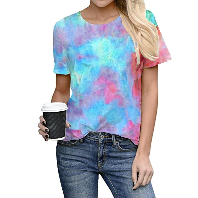 Floral 3D Printed Short Sleeved T-shirt Summer Breathable Polyester Simple Round Neck Top