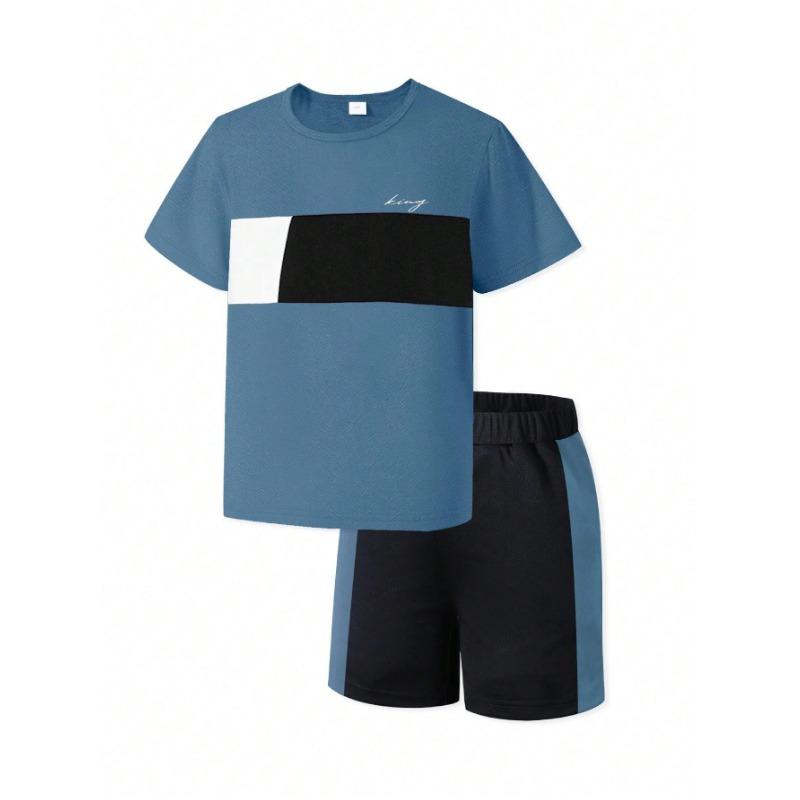 Summer Fashion Trend Youth Casual Wear, Crewneck Short-sleeved T-shirt & Sports Shorts Three-color Patchwork Two-piece Set