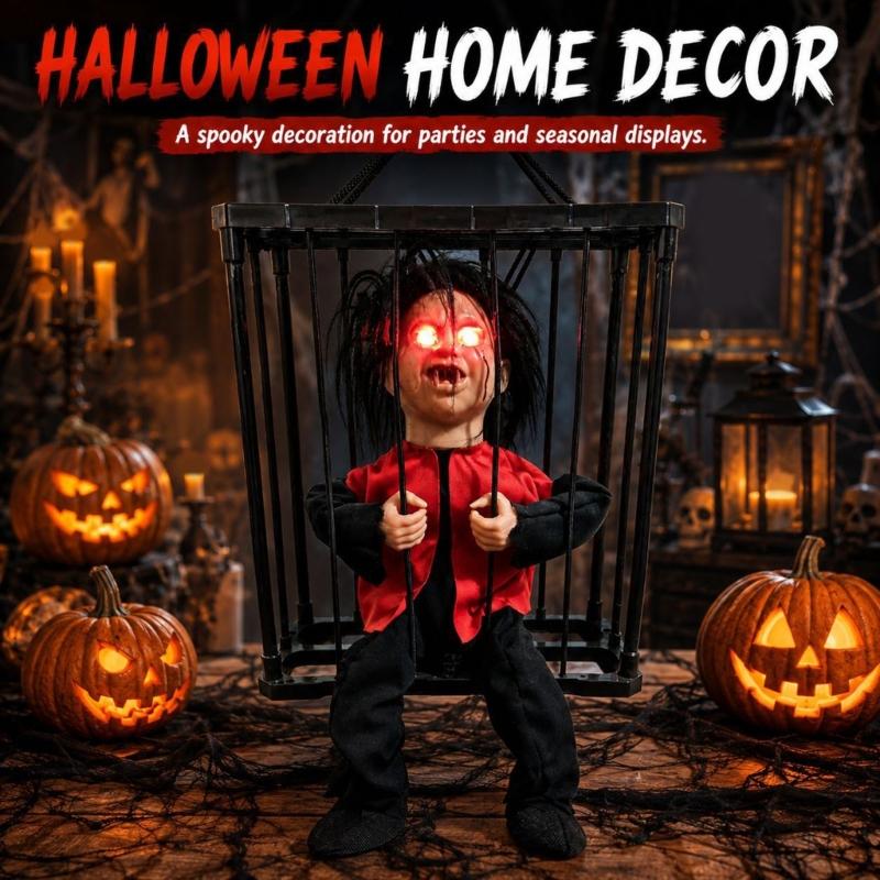 Black Suspended Halloween Figure In Cage, Light Detail Hanging Piece for Home Entry, Window Display, Porch, Party Styling, and Indoor Use