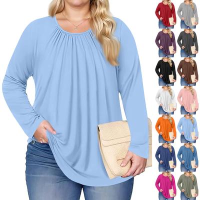 Women's Plus Size Fashion Solid Colour Casual Pleated Round Neck Long Sleeve Top