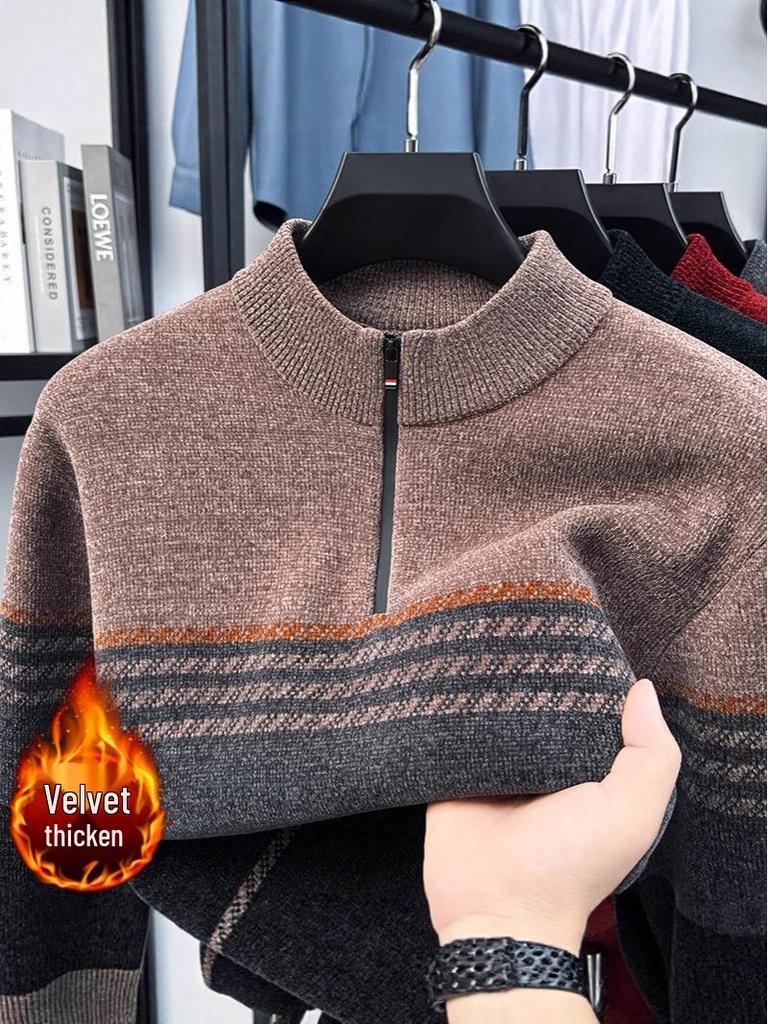 Men's Winter Half-Zip Chenille Fleece Sweater: Warm, Fashionable Color Block Knitwear with Stand Collar