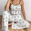 Summer Sling Pajamas Set Women Pants and Sleeveless Tops Set Round Neck Sleepwear Young Girls Cherry Print Loungewear Homewear Pyjamas